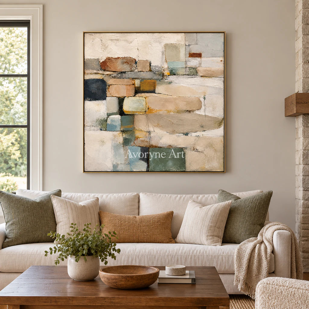 Quiet Stacks: Textured Beige Block Abstract Wall Art — living gold