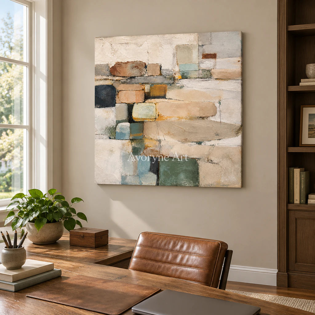 Quiet Stacks: Textured Beige Block Abstract Wall Art — office frameless
