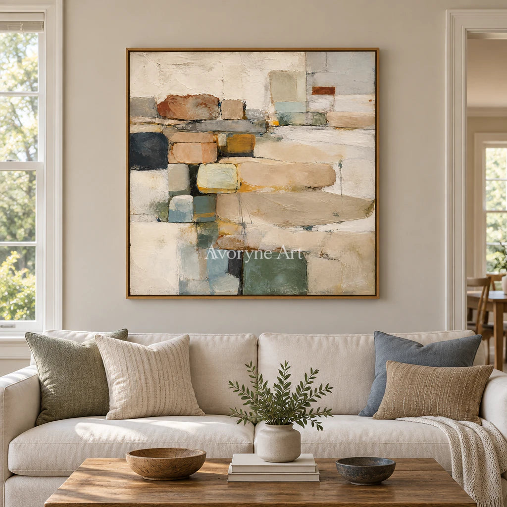Quiet Stacks: Textured Beige Block Abstract Wall Art — villa wood