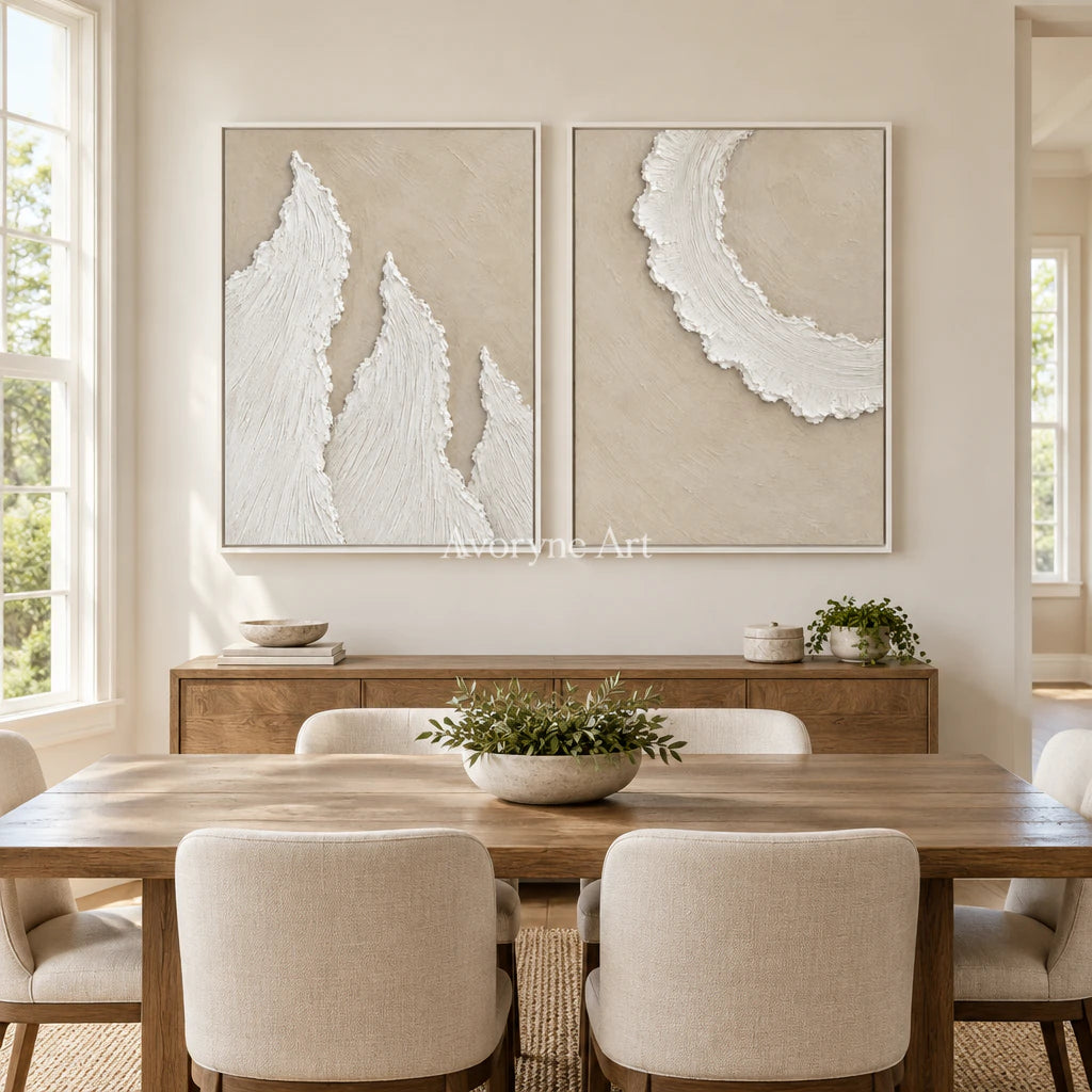 Foamward Duet: Textured Beige Coastal Diptych Wall Art — dining white