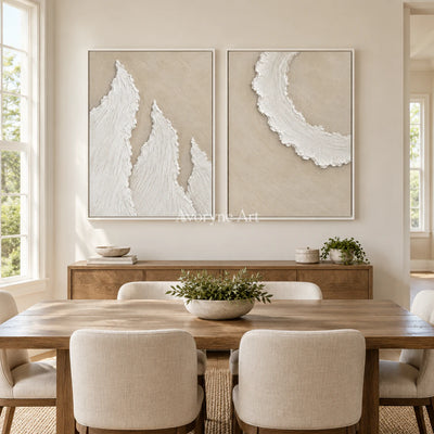 Foamward Duet: Textured Beige Coastal Diptych Wall Art — dining white