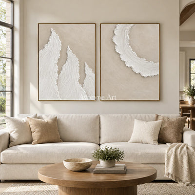 Foamward Duet: Textured Beige Coastal Diptych Wall Art — living gold
