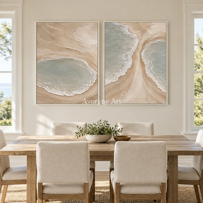Lagoon Pairing: Textured Beige Coastal Diptych Wall Art — dining white
