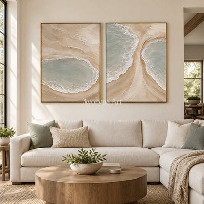 Lagoon Pairing: Textured Beige Coastal Diptych Wall Art — living gold