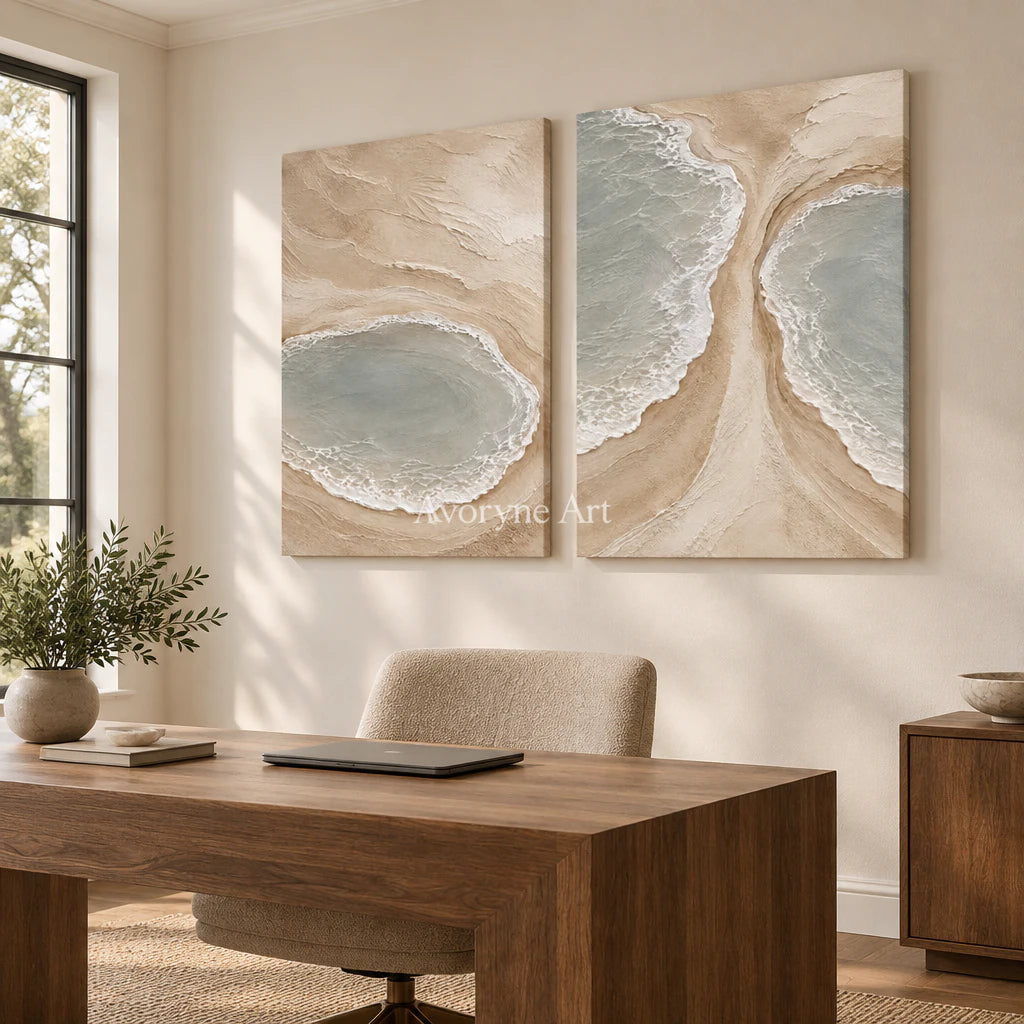 Lagoon Pairing: Textured Beige Coastal Diptych Wall Art — office frameless