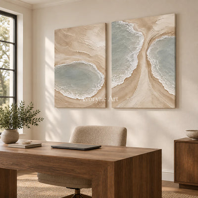 Lagoon Pairing: Textured Beige Coastal Diptych Wall Art — office frameless