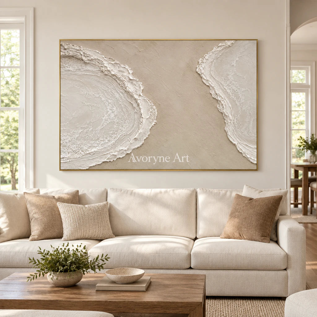 Tidal Pause: Textured Beige Coastal Relief Wall Art — living gold