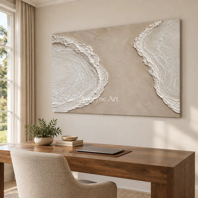 Tidal Pause: Textured Beige Coastal Relief Wall Art — office frameless