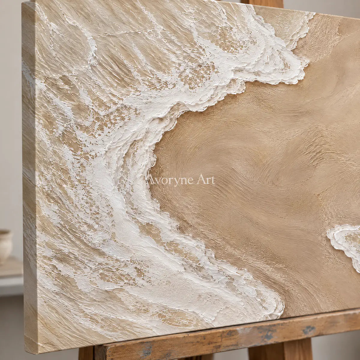 Shoreward Curve: Textured Beige Coastal Relief Wall Art — detail easel