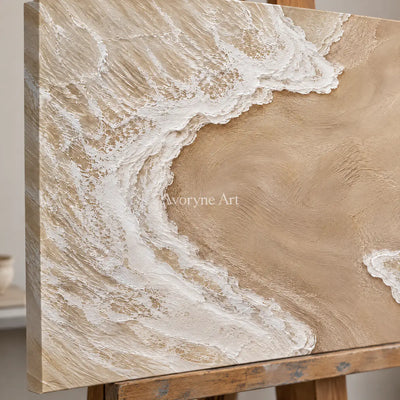 Shoreward Curve: Textured Beige Coastal Relief Wall Art — detail easel