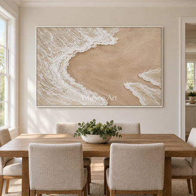 Shoreward Curve: Textured Beige Coastal Relief Wall Art — dining white