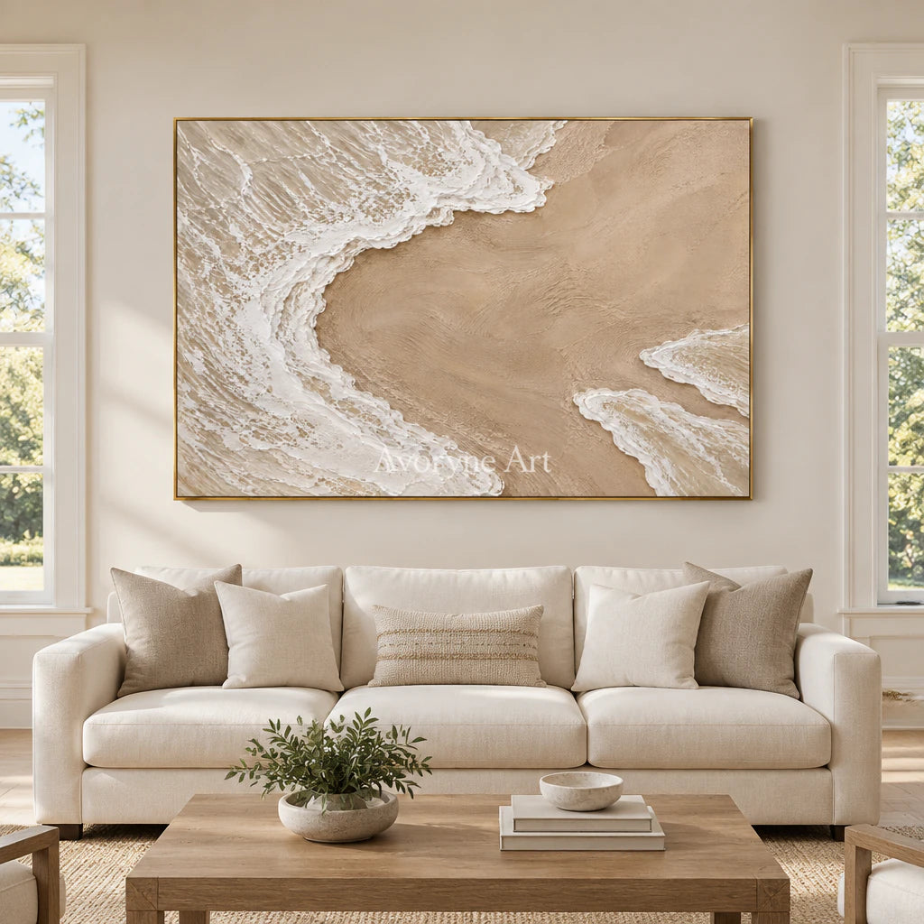 Shoreward Curve: Textured Beige Coastal Relief Wall Art — living gold