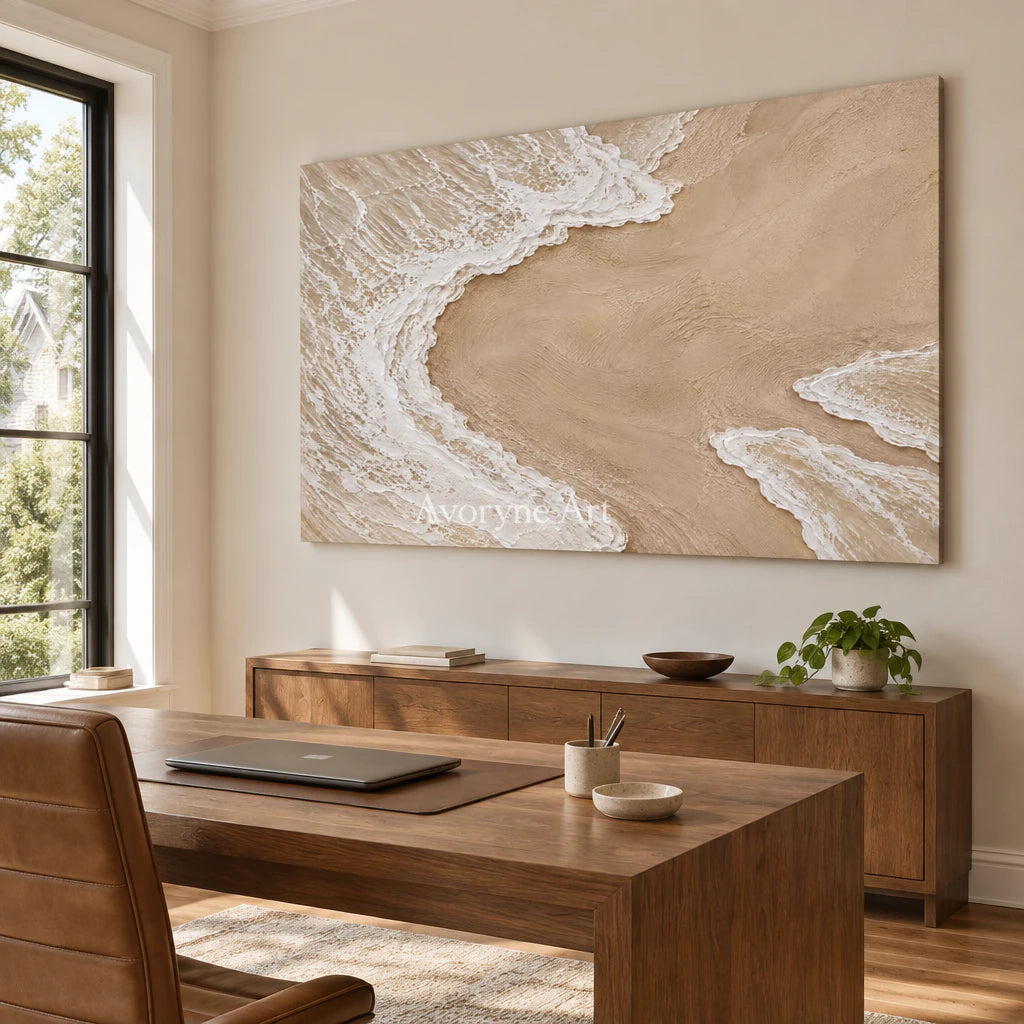Shoreward Curve: Textured Beige Coastal Relief Wall Art — office frameless