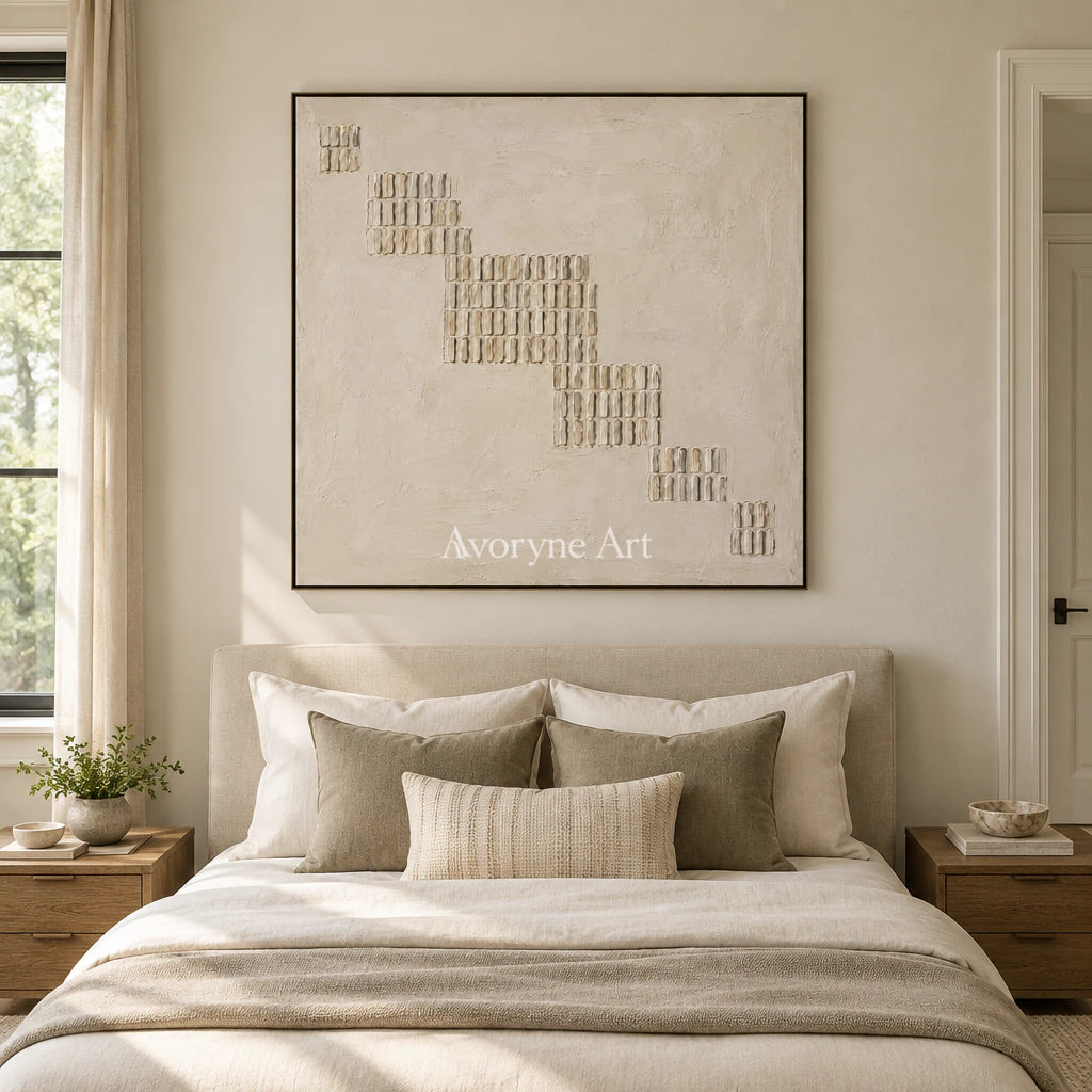 Descending Order: Textured Beige Grid Abstract Wall Art — bedroom black