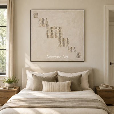 Descending Order: Textured Beige Grid Abstract Wall Art — bedroom black