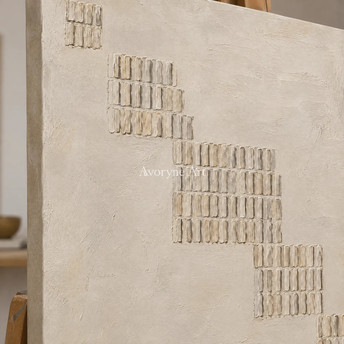 Descending Order: Textured Beige Grid Abstract Wall Art — detail easel