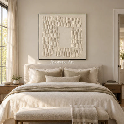 Inner Courtyard: Textured Beige Grid Relief Wall Art — bedroom black
