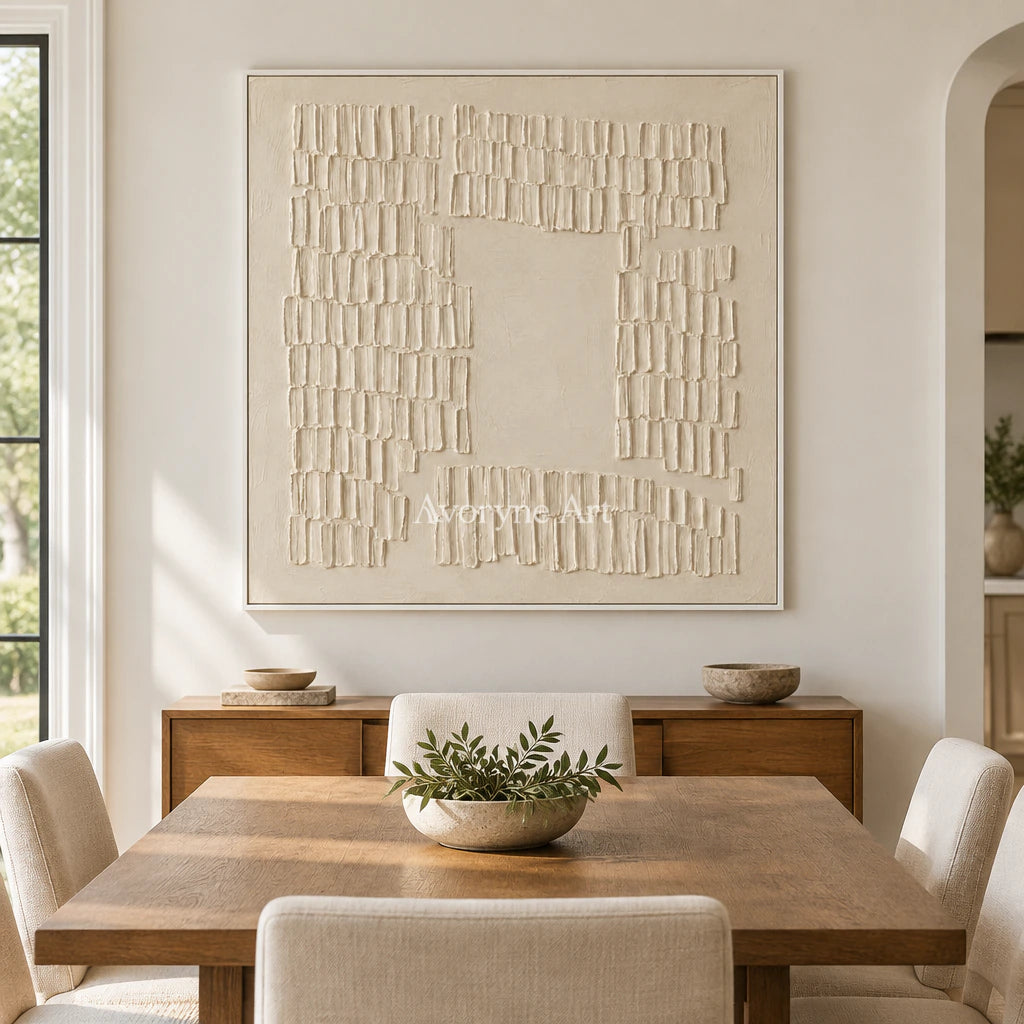 Inner Courtyard: Textured Beige Grid Relief Wall Art — dining white