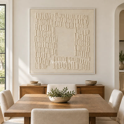 Inner Courtyard: Textured Beige Grid Relief Wall Art — dining white