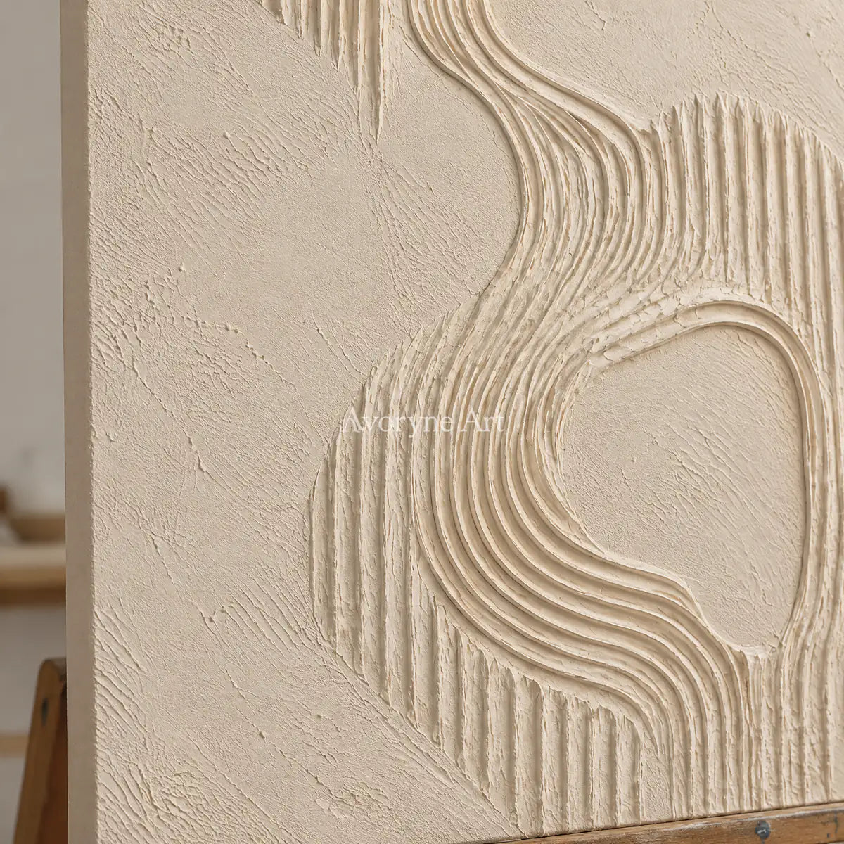 Contour Echo: Textured Beige Grooved Abstract Wall Art — detail easel