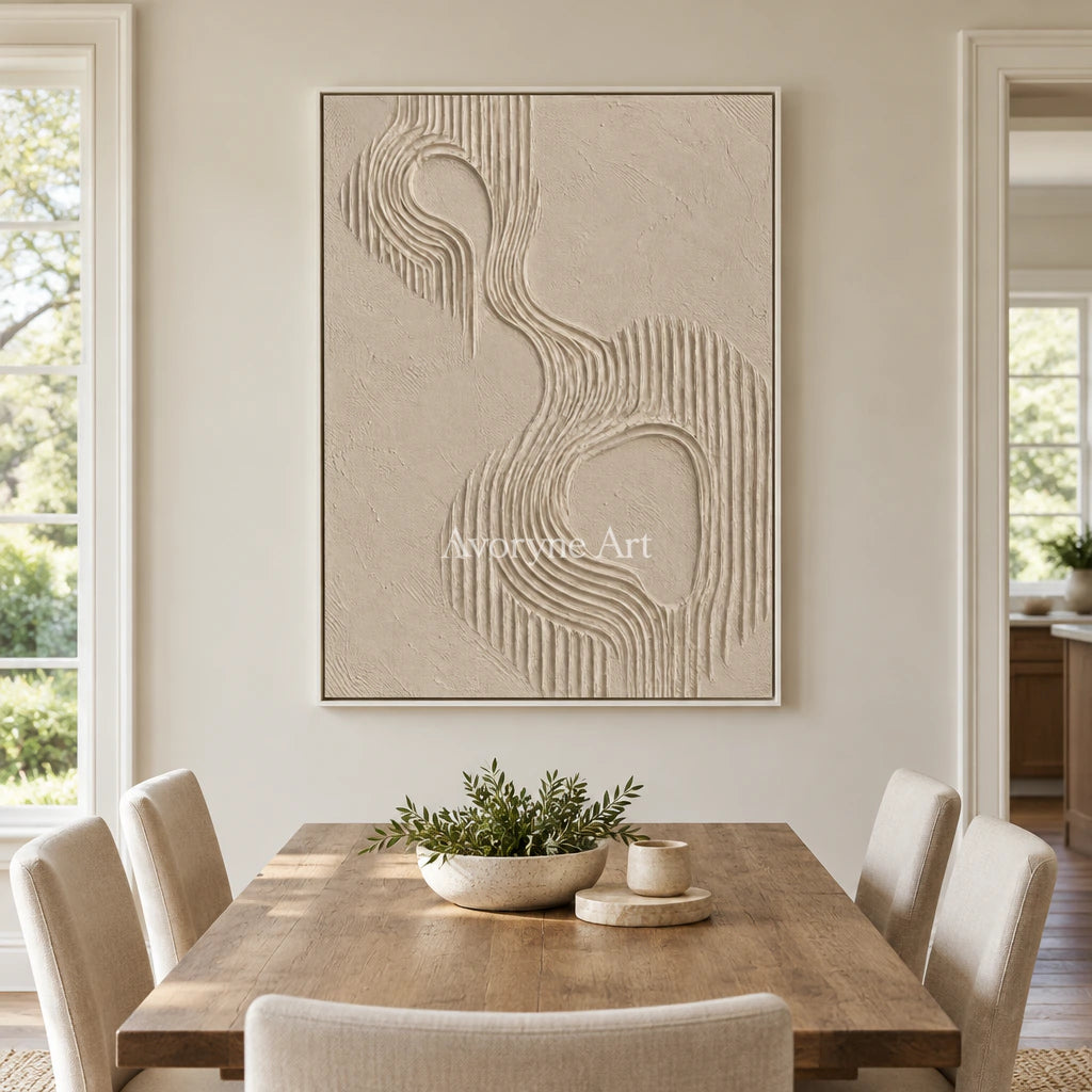 Contour Echo: Textured Beige Grooved Abstract Wall Art — dining white