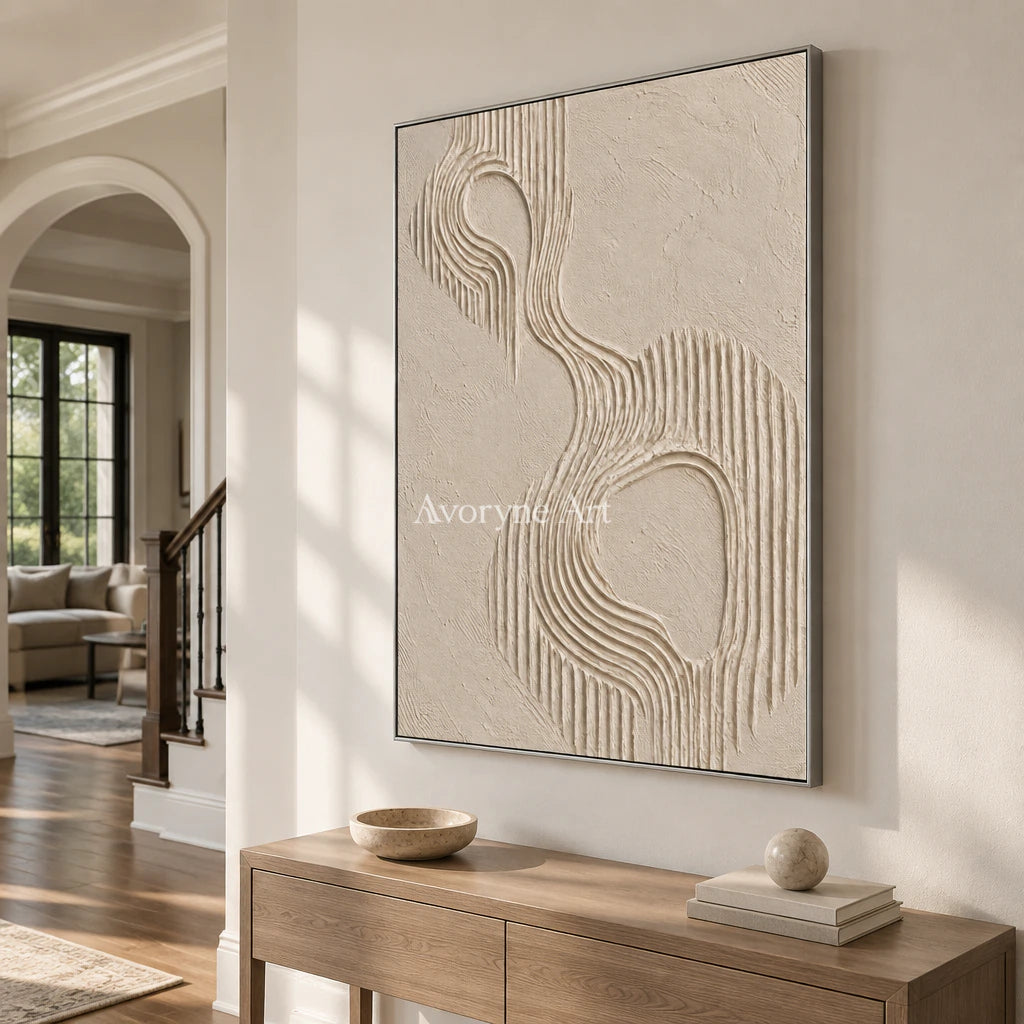 Contour Echo: Textured Beige Grooved Abstract Wall Art — entry silver