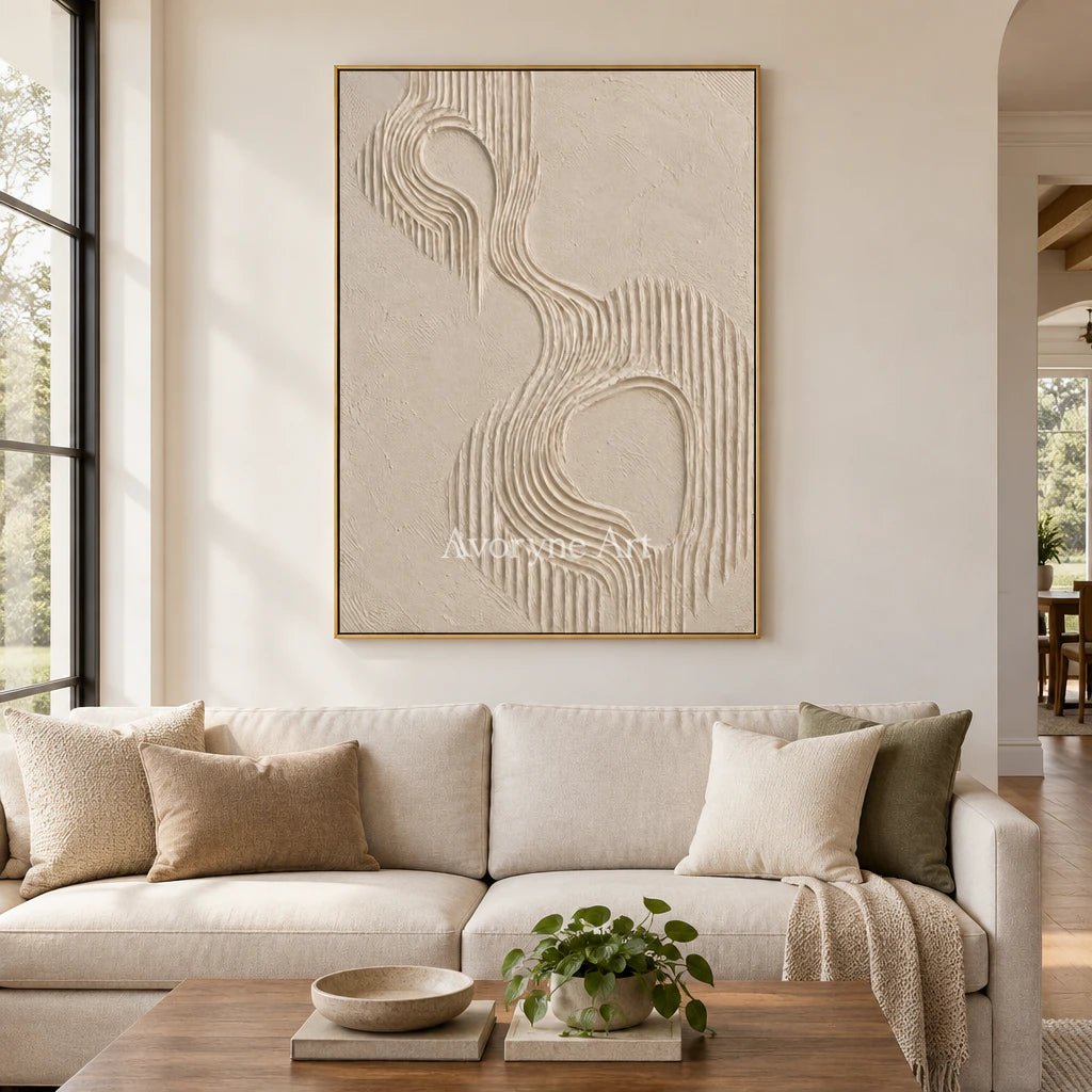 Contour Echo: Textured Beige Grooved Abstract Wall Art — living gold
