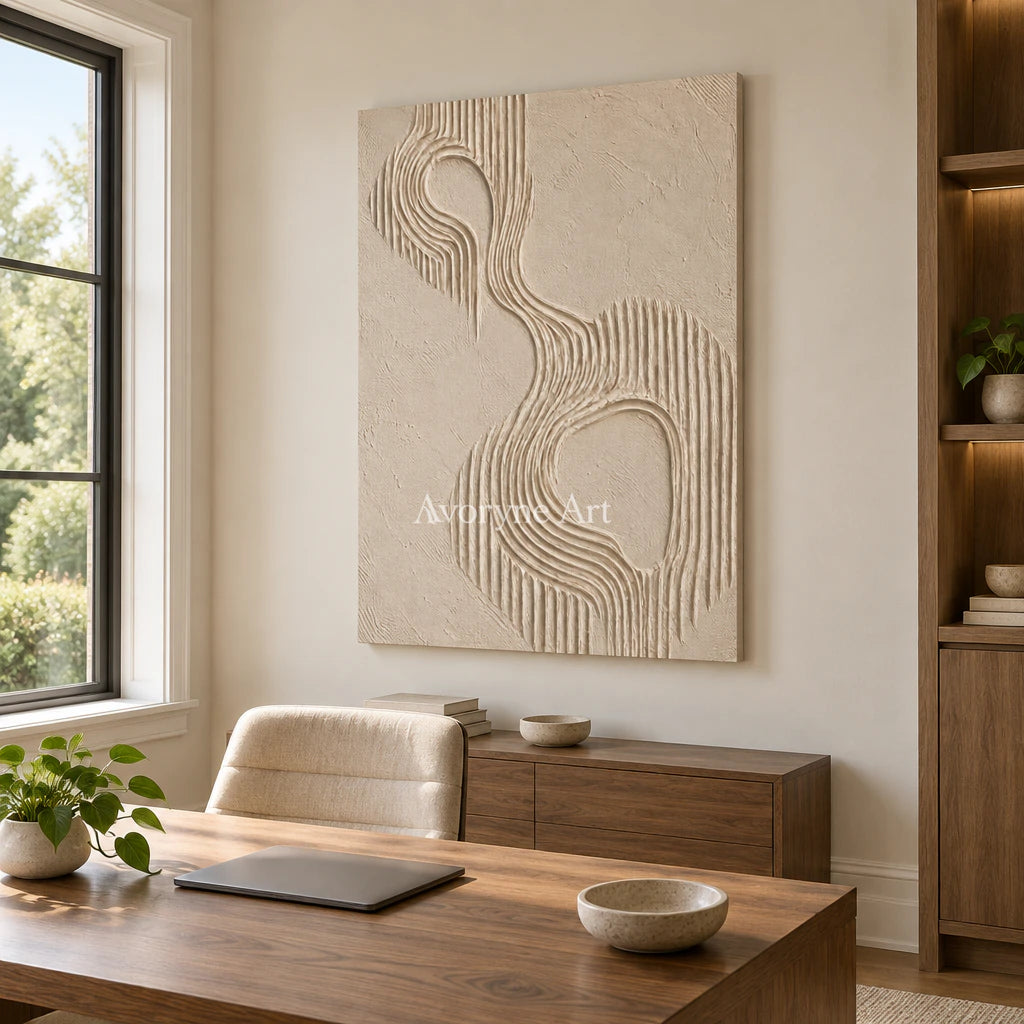 Contour Echo: Textured Beige Grooved Abstract Wall Art — office frameless