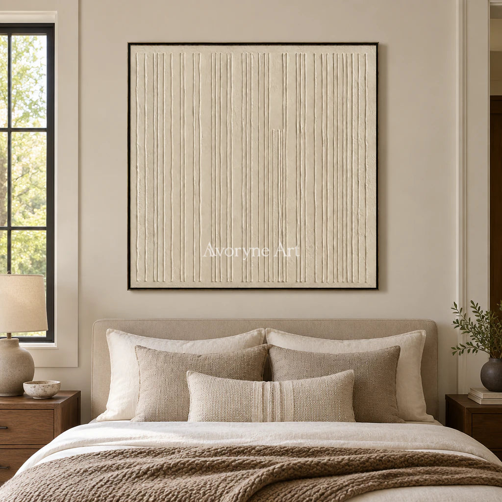 Ivory Rhythm: Textured Beige Linear Relief Wall Art — bedroom black