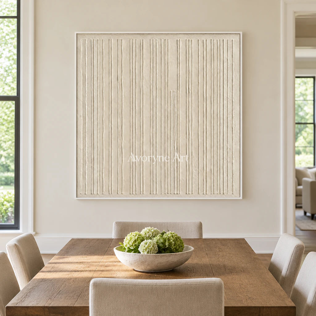 Ivory Rhythm: Textured Beige Linear Relief Wall Art — dining white