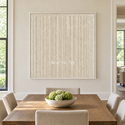 Ivory Rhythm: Textured Beige Linear Relief Wall Art — dining white