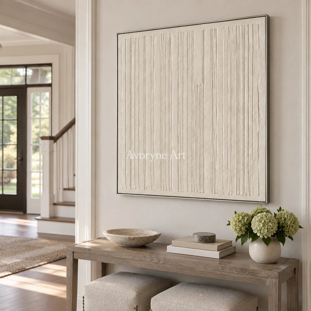 Ivory Rhythm: Textured Beige Linear Relief Wall Art — entry silver
