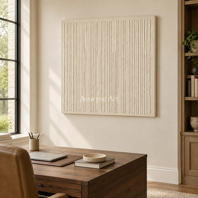 Ivory Rhythm: Textured Beige Linear Relief Wall Art — office frameless