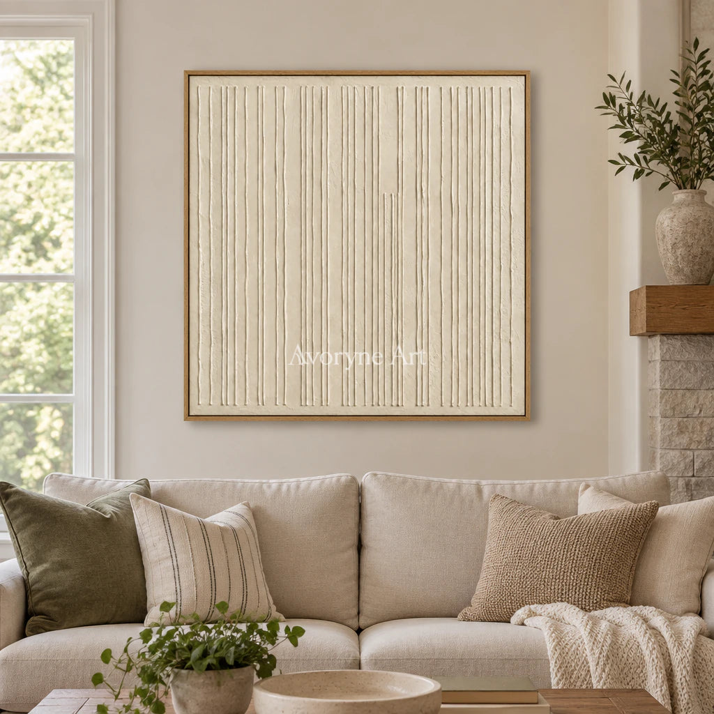 Ivory Rhythm: Textured Beige Linear Relief Wall Art — villa wood