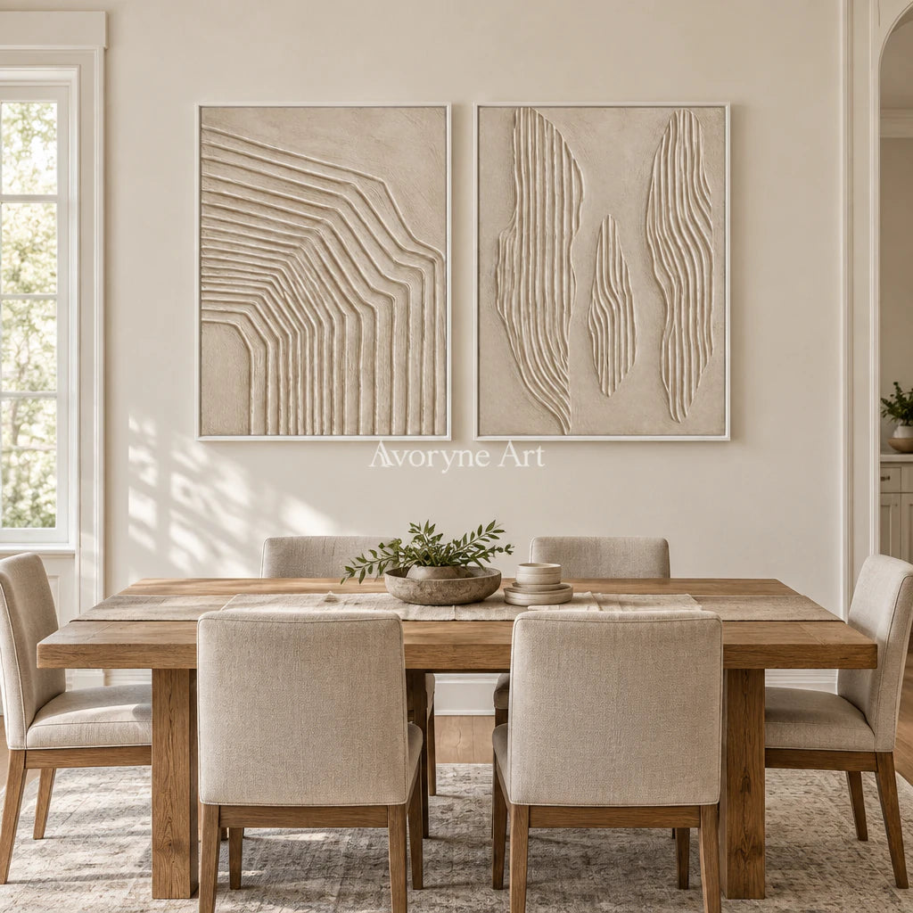 Contour Pairing: Textured Beige Relief Diptych Wall Art — dining white