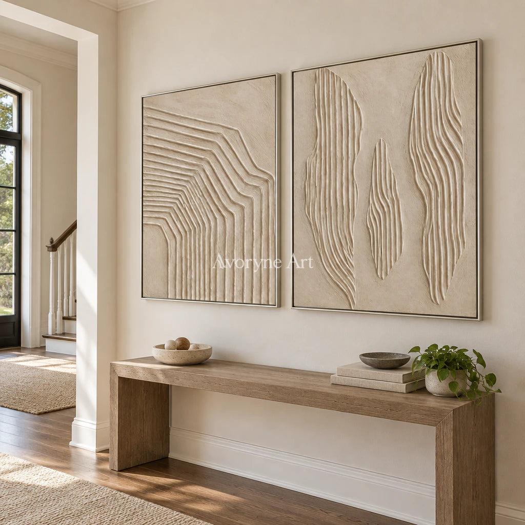 Contour Pairing: Textured Beige Relief Diptych Wall Art — entry silver