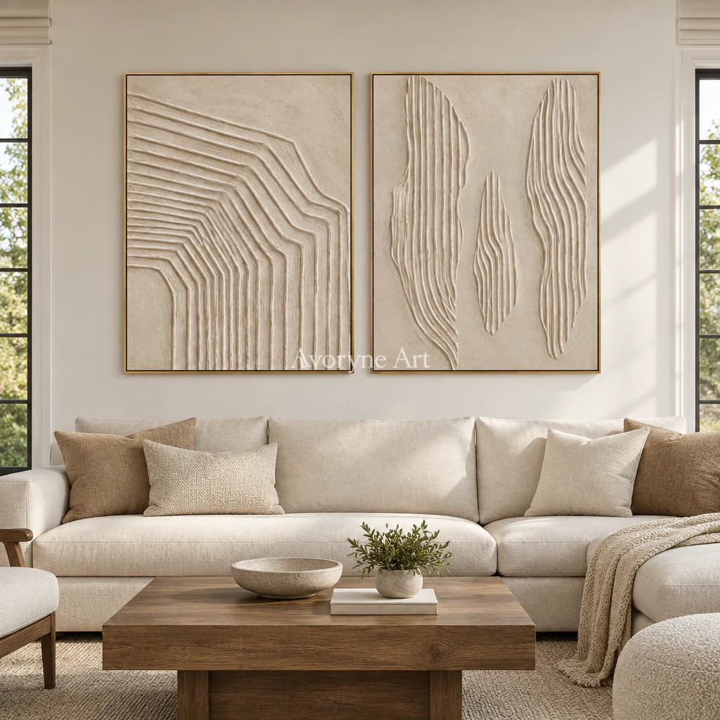 Contour Pairing: Textured Beige Relief Diptych Wall Art — living gold