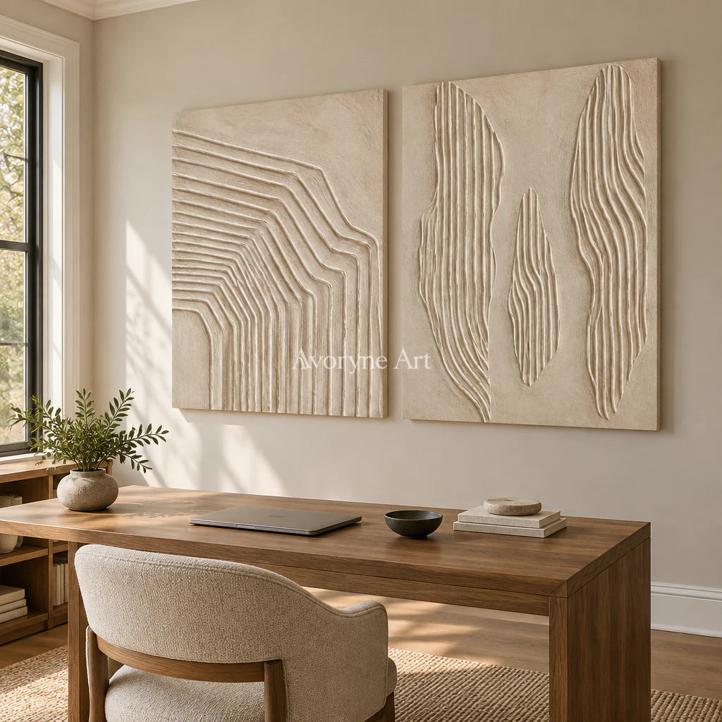 Contour Pairing: Textured Beige Relief Diptych Wall Art — office frameless