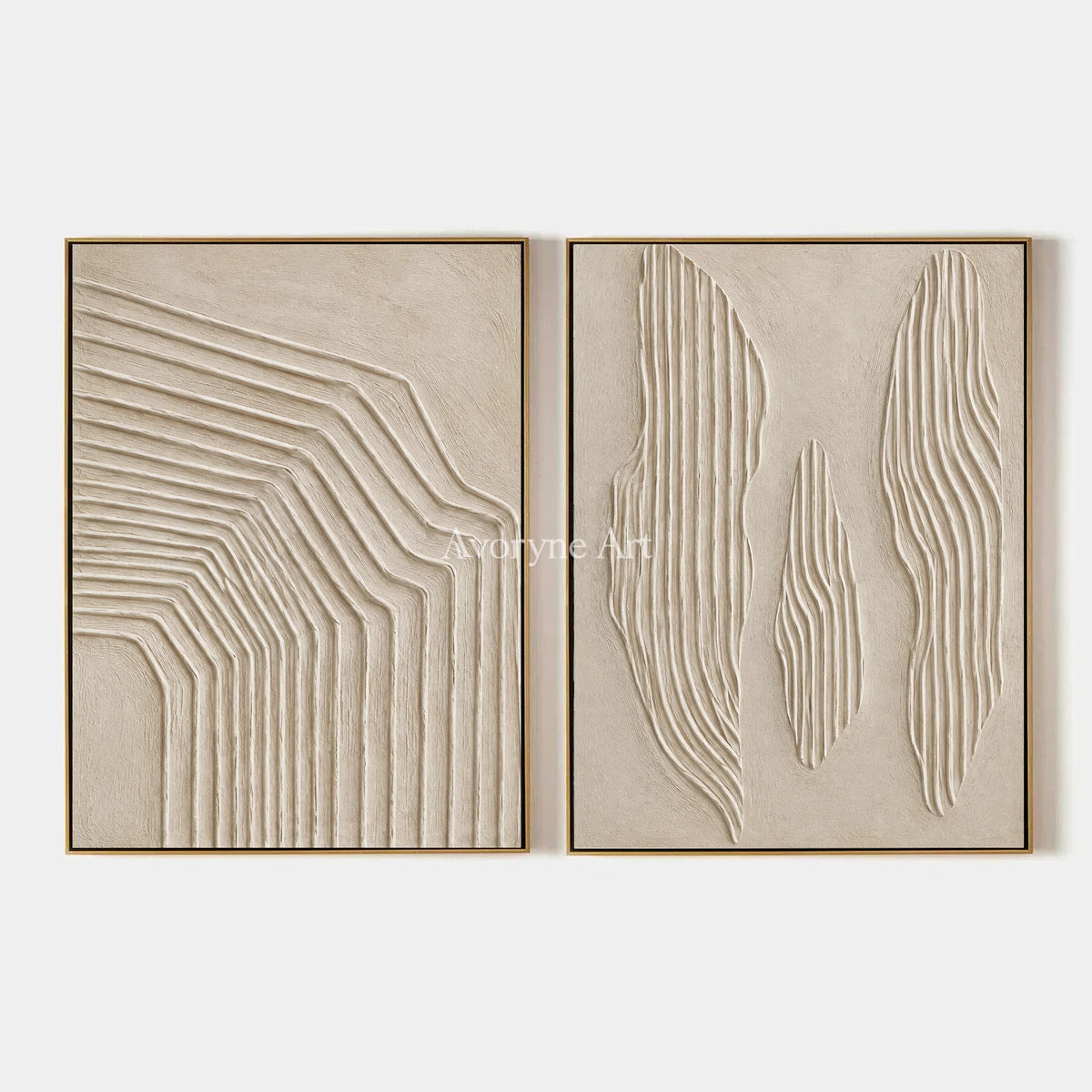 Contour Pairing: Textured Beige Relief Diptych Wall Art — primary