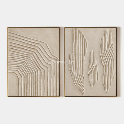 Contour Pairing: Textured Beige Relief Diptych Wall Art — primary