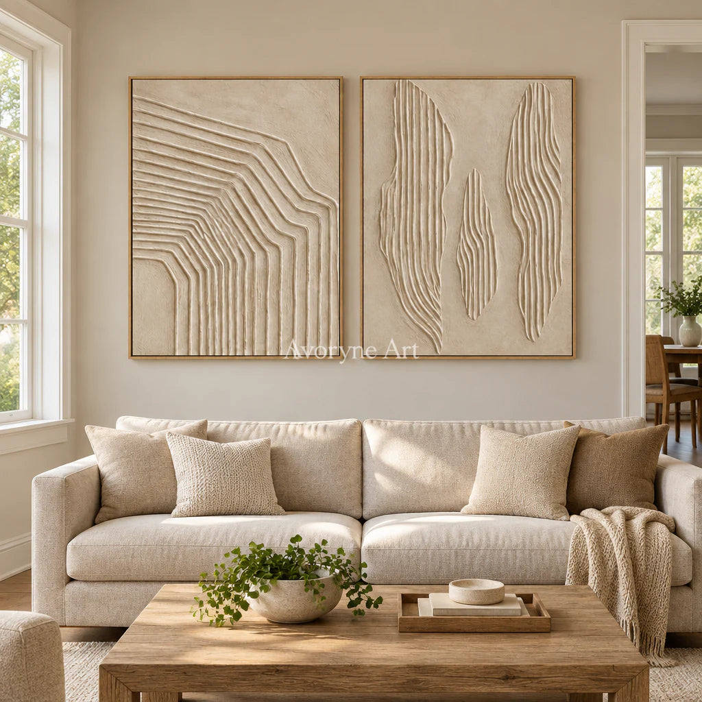 Contour Pairing: Textured Beige Relief Diptych Wall Art — villa wood