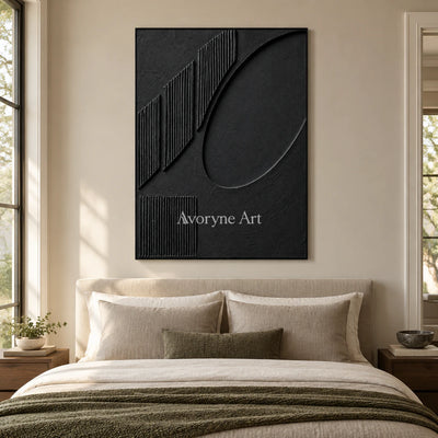 Shadow Recess: Textured Black Grooved Relief Wall Art — bedroom black
