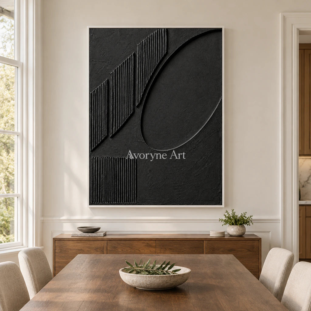 Shadow Recess: Textured Black Grooved Relief Wall Art — dining white