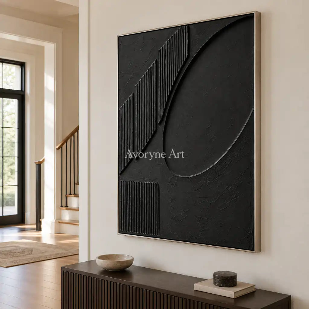 Shadow Recess: Textured Black Grooved Relief Wall Art — entry silver