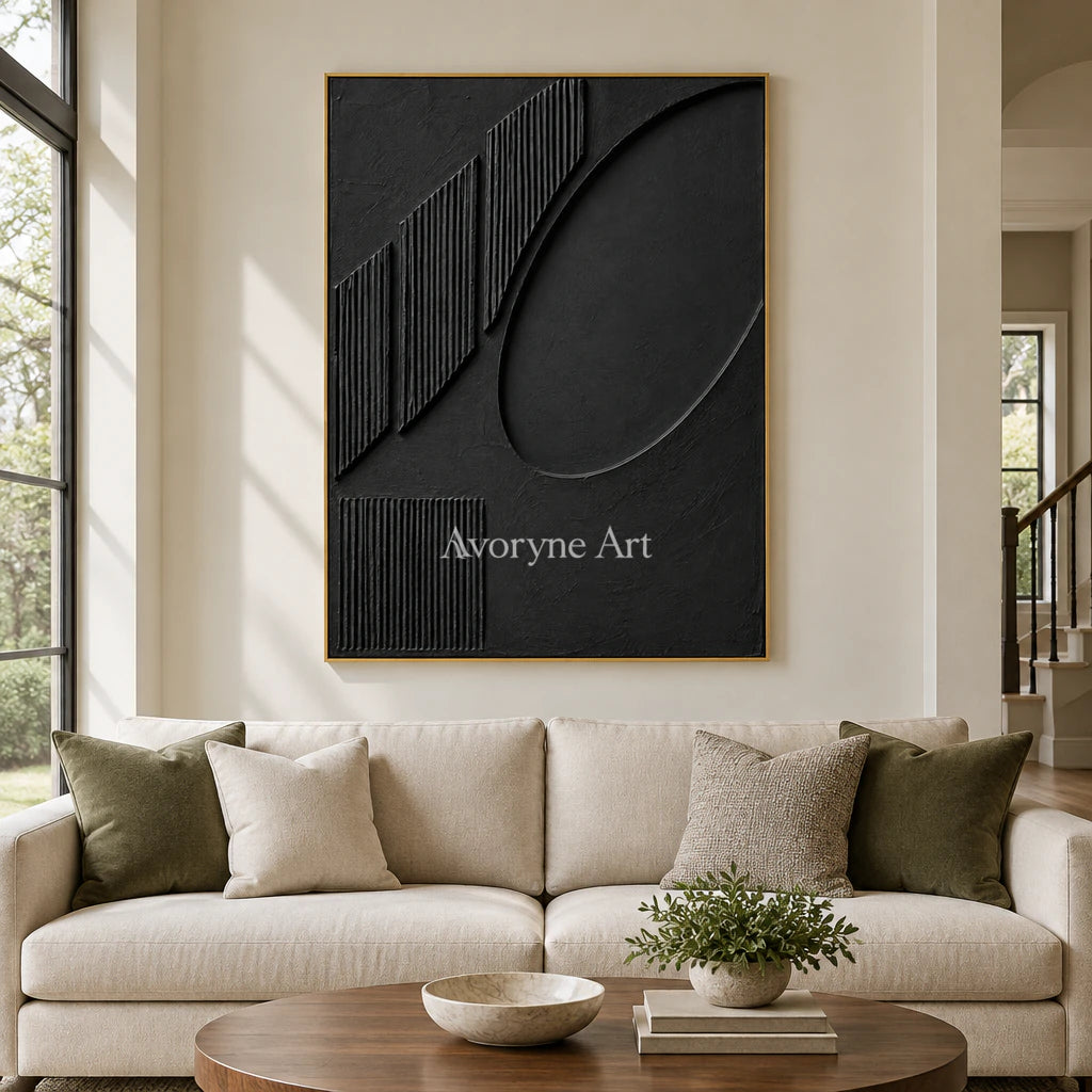Shadow Recess: Textured Black Grooved Relief Wall Art — living gold