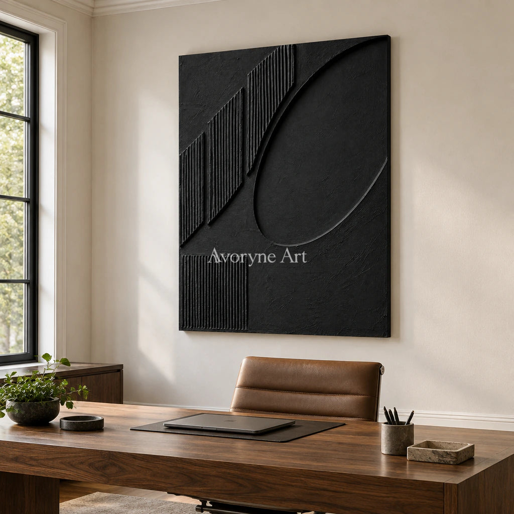 Shadow Recess: Textured Black Grooved Relief Wall Art — office frameless