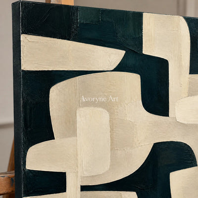 Night Interlock: Textured Black Ivory Geometric Art — detail easel