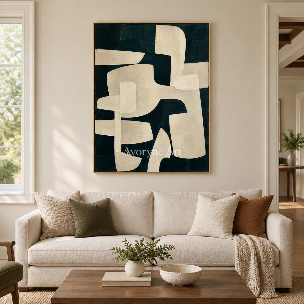 Night Interlock: Textured Black Ivory Geometric Art — living gold