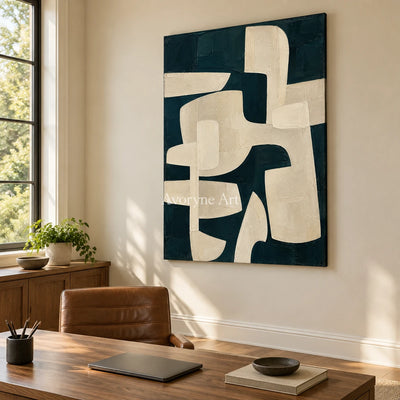 Night Interlock: Textured Black Ivory Geometric Art — office frameless