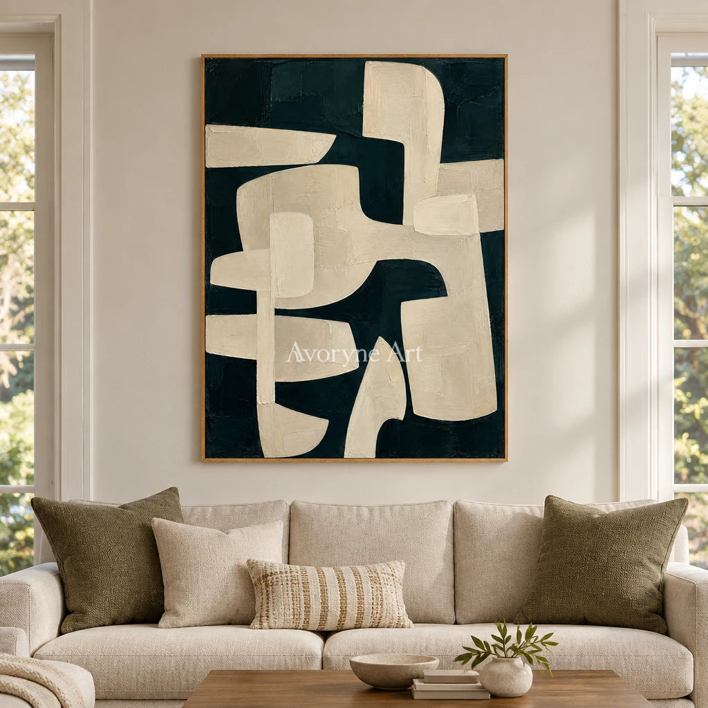 Night Interlock: Textured Black Ivory Geometric Art — villa wood